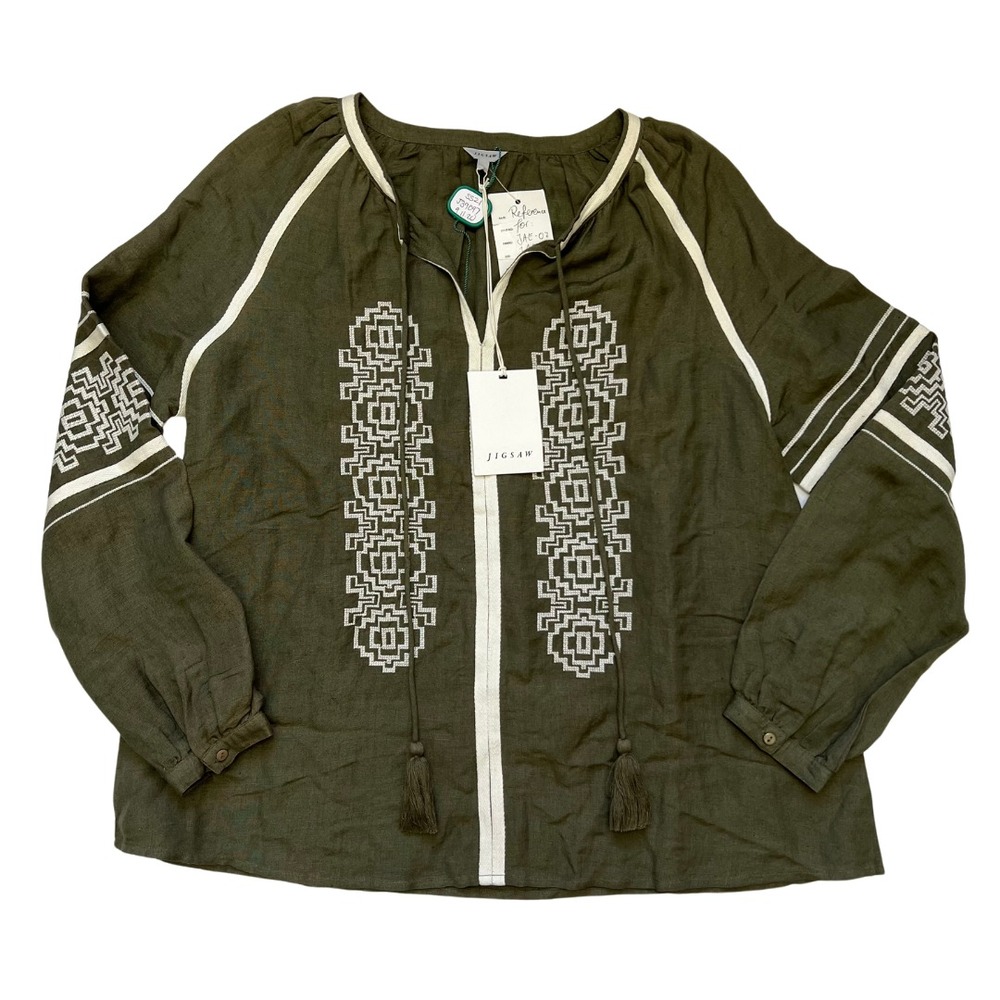 Jigsaw Martina Aztec‎ Blouse Khaki Green Linen Blend Embroidered Top S